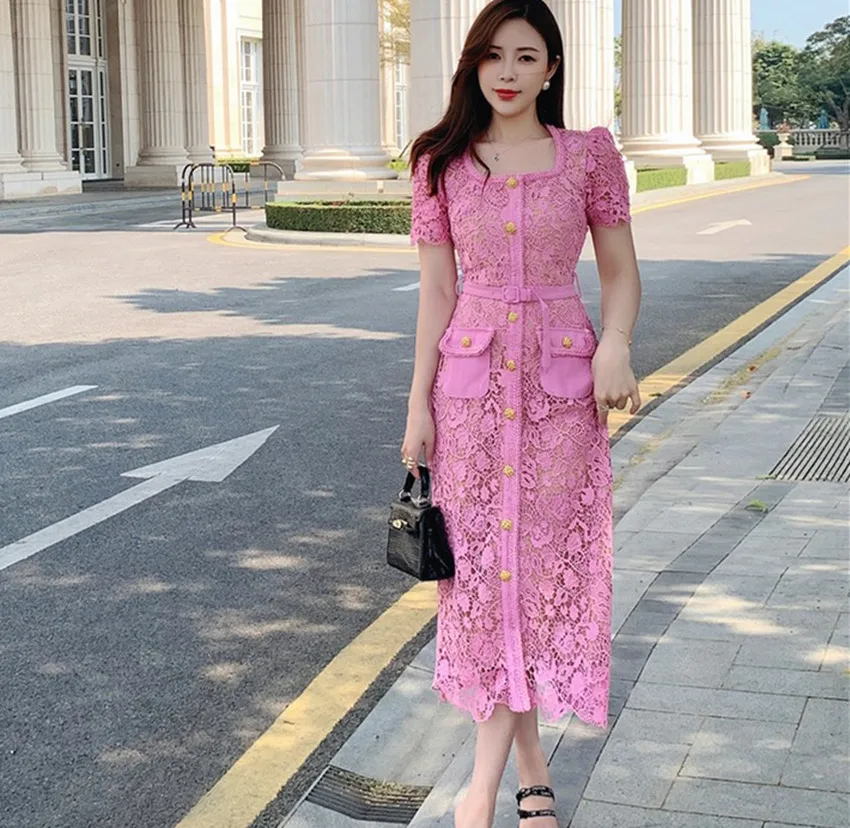 Fashion Runway Summer Pink Lace Sheath Dress Vintage Women Square Collar  Golden Button Flower Embroidery Bodycon Long Dresses - AliExpress 200000345