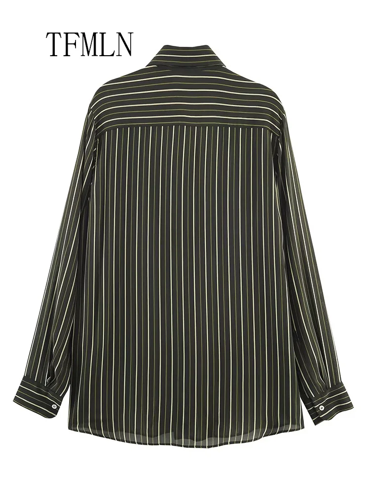 Casual New Women Striped Tie Blouses 2026 Spring Summer Simple Single Breasted Thin Loose Shirts High Street Long Sleeve  Tops