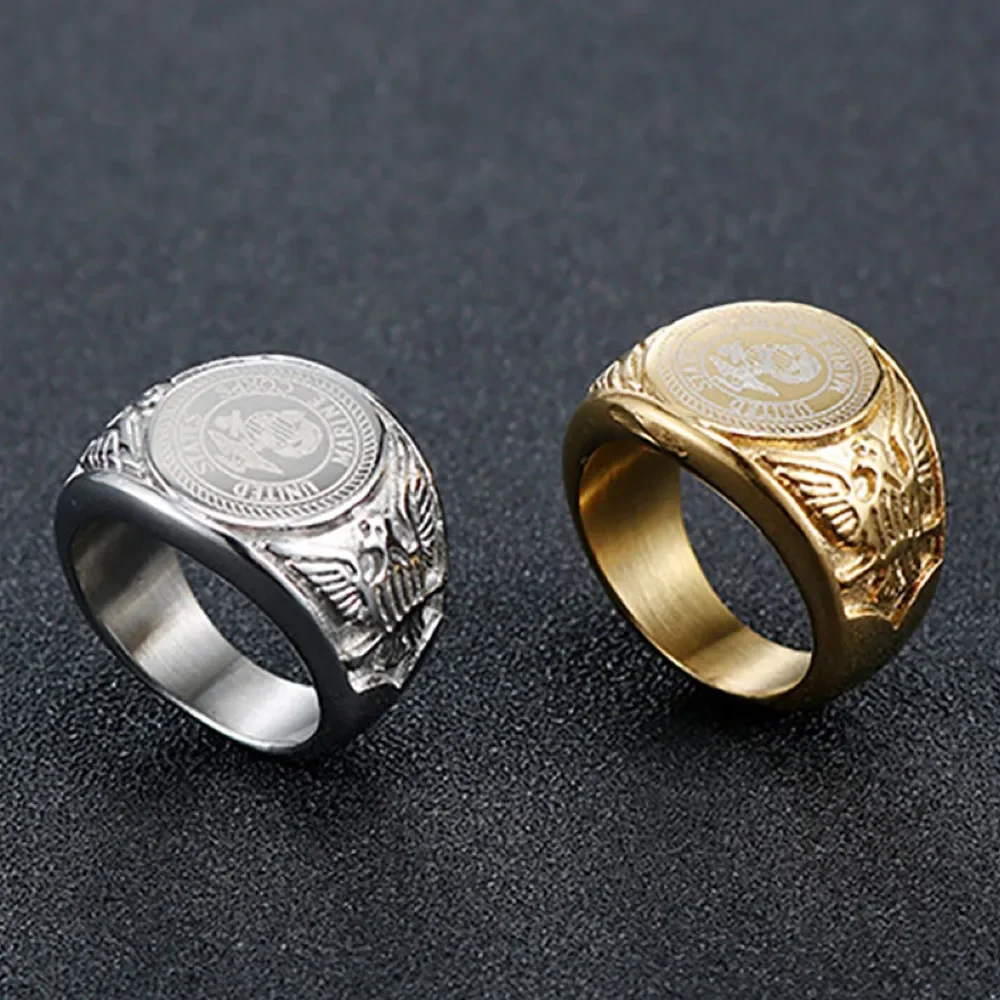 Ring Set Gold Color Rings Stainless Steel Ring Finger Ring Size 8/9/10/11/12/13 Men Badge Eagle 3D Relief Pattern Waterproof Rust Proof Finger Jewelry