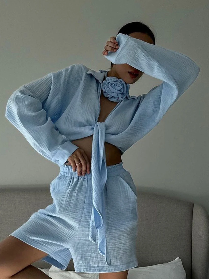 Marthaqiqi Cotton Women Sleepwear Suit Long Sleeve Pajamas Lace Up Nightie Turn-Down Collar Nightwear Shorts Casual Home Clothes