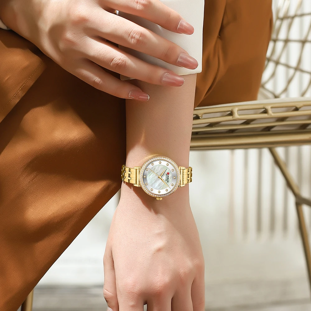 CURREN Luxury Slim Women's Watch Two Tone Stainless Steel Band Mother of Pearl Dial with Rhinestones Elegant Quartz Wristwatch