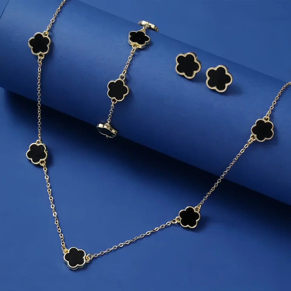 Qinpan Gold Plated Five Leaf Clover Jewelry Set - Necklace, Bracelet & Dangle Earrings For Women, Lucky Flower Gift