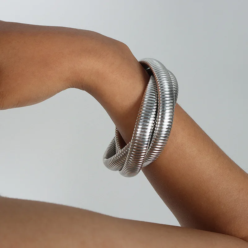 

Charm Stretch Elastic Bracelet for Women Double Three Stack 316L Stainless Steel IP Gold Plated Kpop Gift