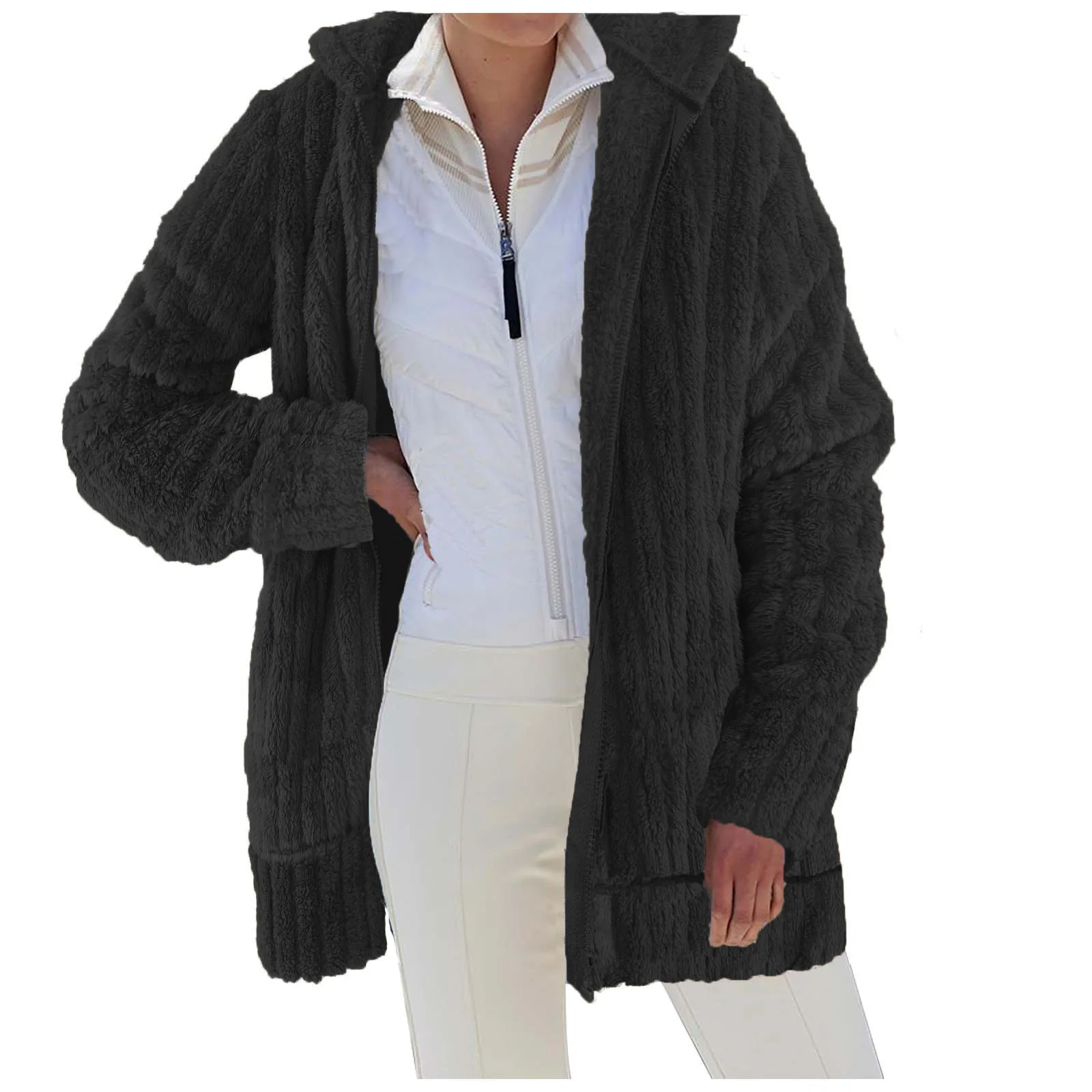 New Autumn and Winter 2023 Warm Plush Solid Color Zip Pocket Hooded Loose Coat Women Female Casual Jackets Coats