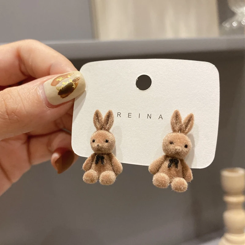 Flocking Plush Rabbit Stud Earrings Detail 8