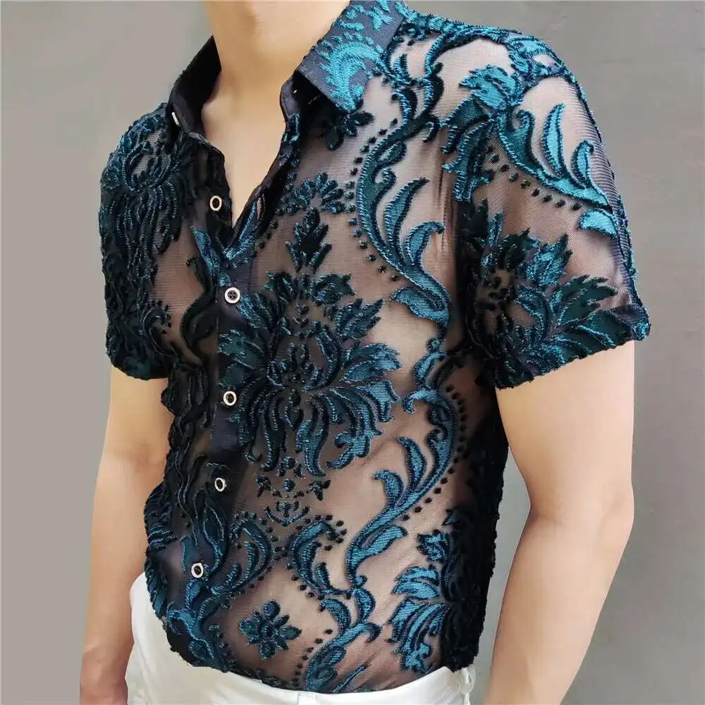 Green High Quality Transparent Floral Shirt Soft Velvet Slim