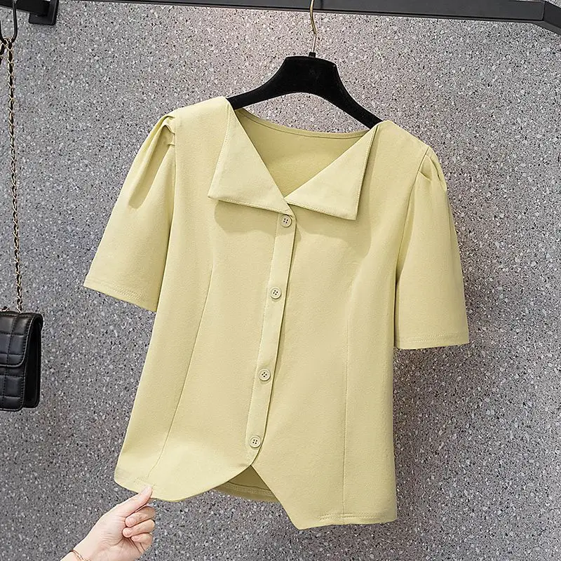 

Elegant V-Neck Loose Short Sleeve Folds Asymmetrical Shirt Women's Clothing 2023 Summer New Casual Tops Office Lady Blouse
