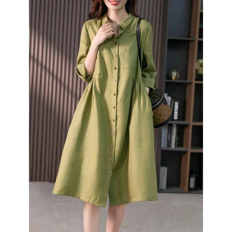 Dress slimming shirt dress linen solid color Long Sleeve Shirt Dress Chic Turndown Neck Ruched