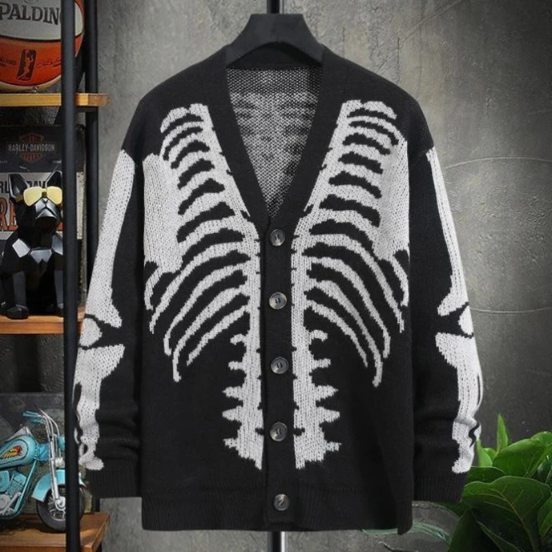 Description Picture 3 of item2023 Harajuku Autumn Winter men's Halloween skull printed long sleeve cardigan V-neck button down coat y2k vintage Sweater Ins