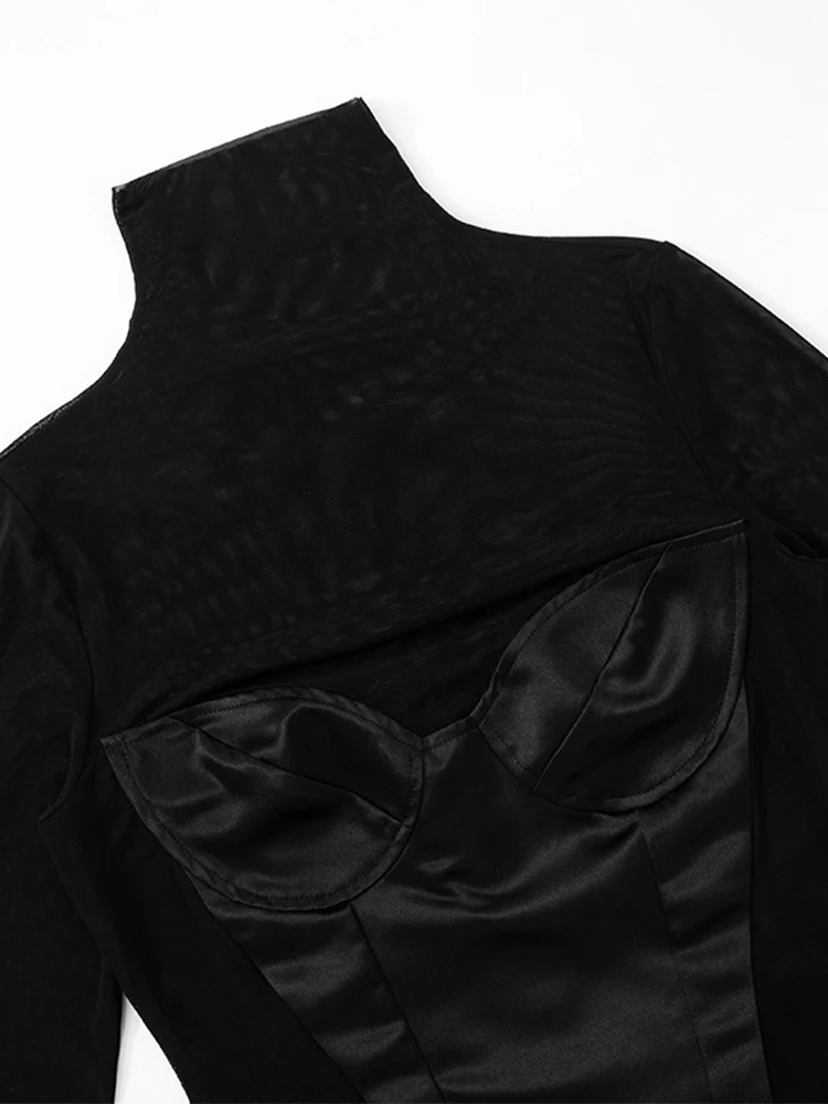 Fashion Pullover Sexy Women Mesh Turtleneck Long Sleeve Satin Cut Out Dress Bodycon Short Club Evening Fashion Party Dress 2024 6