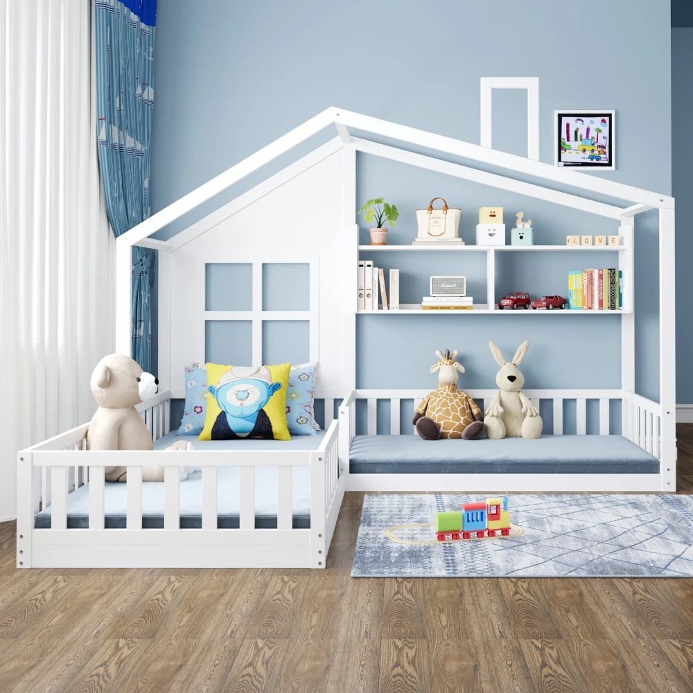 90x200cm (140x70cm) Bett mit Fensterregalen, LED-Lichtleiste, Kinderbett mit Sicherheitsgitter und Lattenrost, Holzfarbe – Detail 18