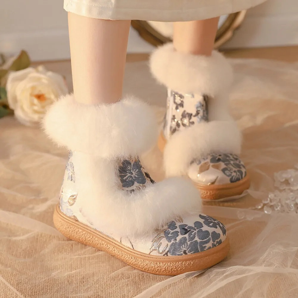 

Womens Embroidery Ankle Boots Hanfu Fur Liner Warm Snow Winter Platform Flats Chipao Shoes Chinese Styles Lolita Plus Size