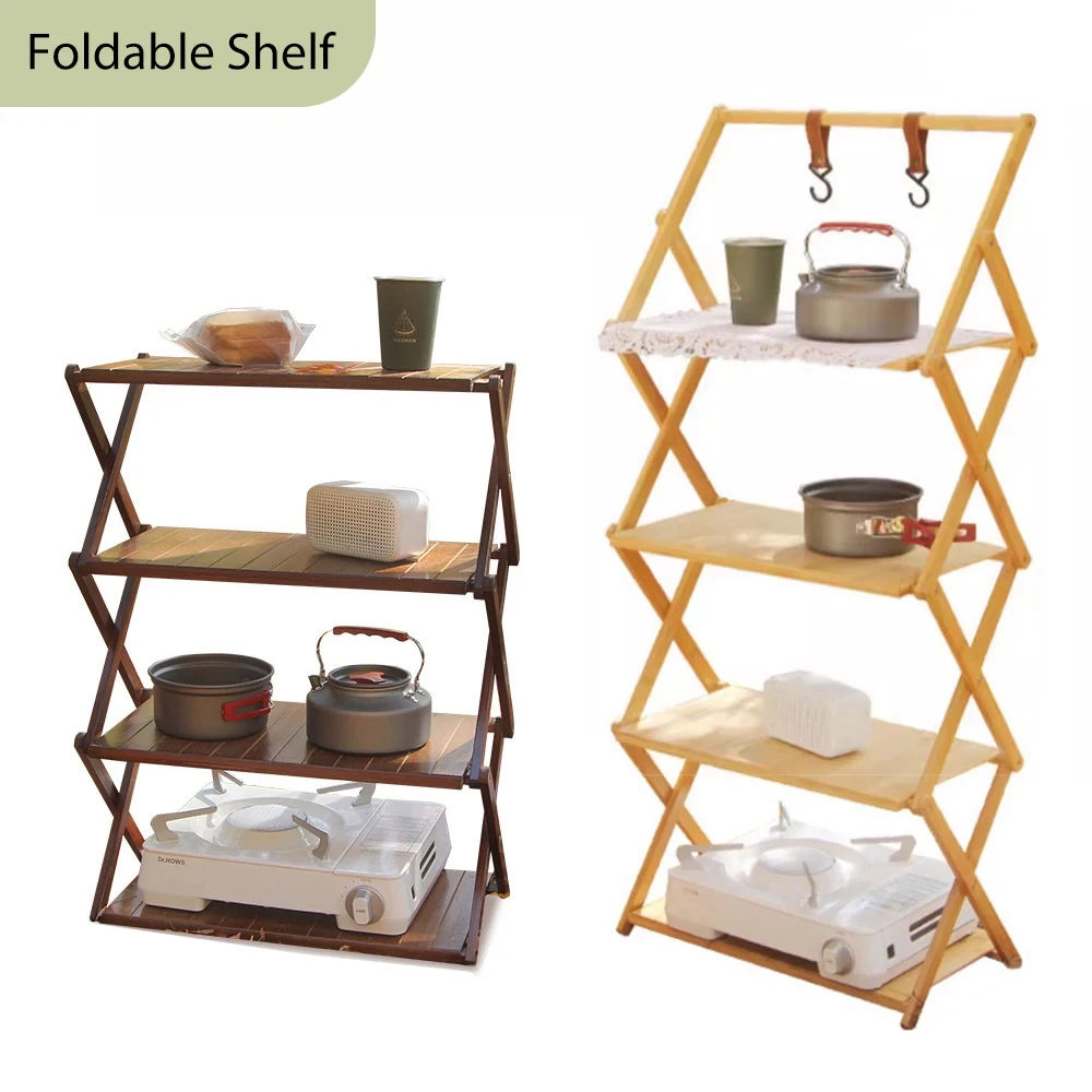 OutdoorFoldingBambooWoodStorageShelfCampingPicnicMultiLayerPortableTablewareStorage