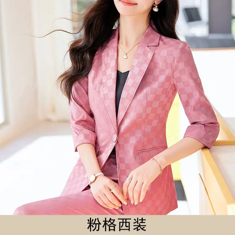 여성용 체크 무늬 전문 세트 재킷 매칭 세트, 한국 우아한 캐주얼 블레이저 바지, 투피스 패션, 가을 용수철, 신상
