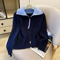Women's Navy Blue Collared Long Sleeve Zipper Sweater Y2K French Elegant Fashion High Street Office Casual Warm Winter Clothes