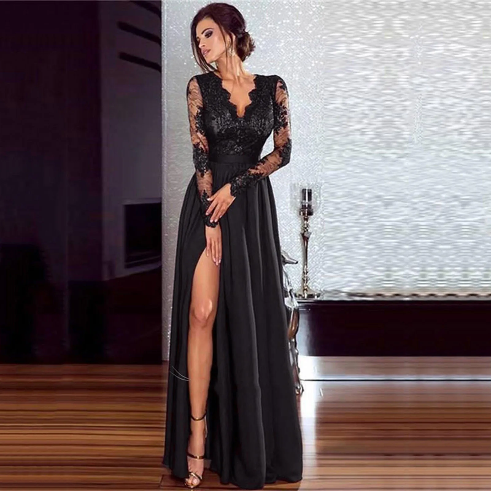 

Женское вечернее кружевное платье, официальное длинное бальное платье для выпускного вечера, женское ажурное платье с глубоким V-образным вырезом и длинным рукавом, новая мода, 2023