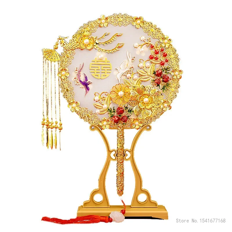 Creative Wedding Bridal Group Fan, Wedding Gift, Handmade Chinese Hand Bouquets Ancient Style Happy Finished Decorative Fan, 1Pc