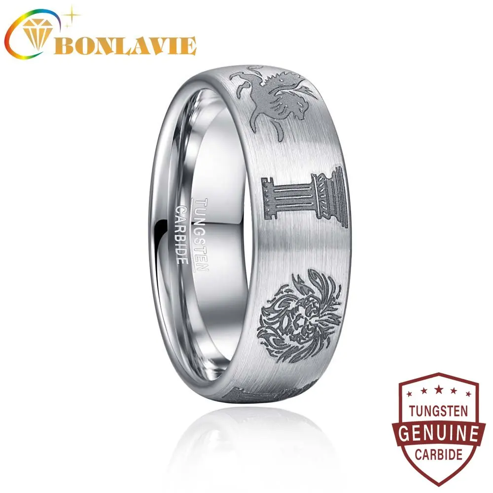 

BONLAVIE 8mm Surface Lasa Pattern Tungsten Steel Ring Sliver Color Print Stone Pillar Comfort Fit Rings Jewelry Gift Size 7-12
