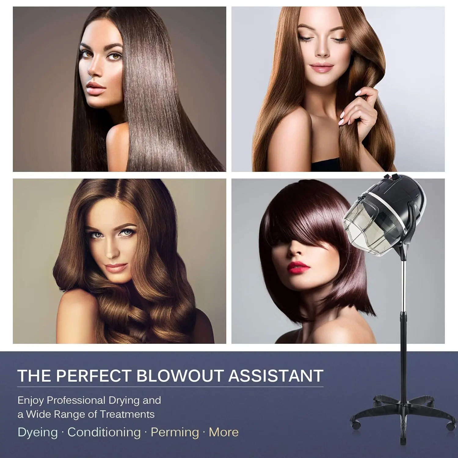 Professional Hairdryer Height Adjustable Hooded Stand Up Bonnet Hair Dryer, Floor Standing Rolling Base with Wheels for Beauty S