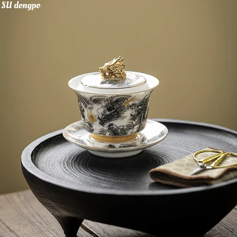 

Китайский Темный Дракон белая овечья Толстая Нефритовая фарфоровая чайная чашка Gaiwan 360 ° Золотая окрашенная Высококачественная ретро-чаша