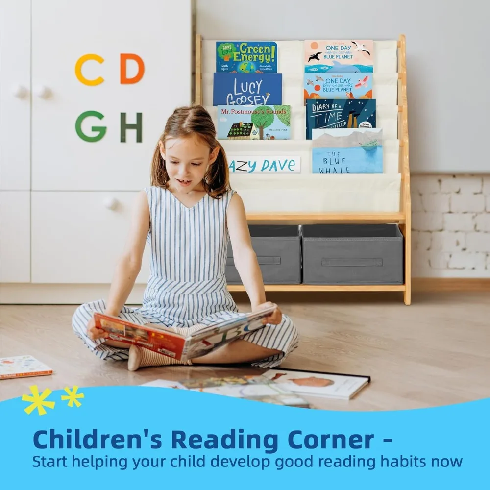 27.6" L x 11" W x 34" H Toddler Bookshelf Equipped with 4 Sling Book Shelf 2 Toy Organizer Shelves and Storage Boxes 2