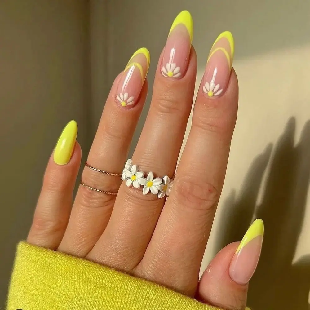 Unhas Postiças De Amêndoa Amarela Com Flor Branca, Wearable Francês  Stiletto, Unhas Postiças, Dicas De Unhas De Cobertura Completa, Pressione  As Unhas, Caixa 24Pcs _ - AliExpress Mobile