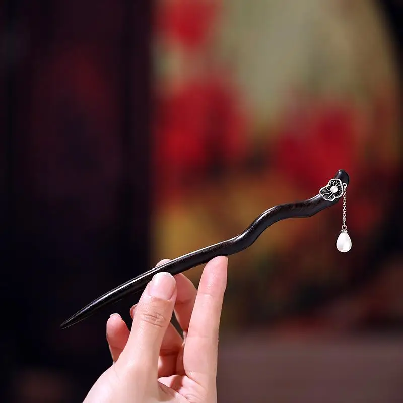 우아한 블랙 에보니 머리핀 여성용 전통 중국 스타일 헤어 액세서리 나무 머리핀 일상 헤어스타일 유행 복고풍