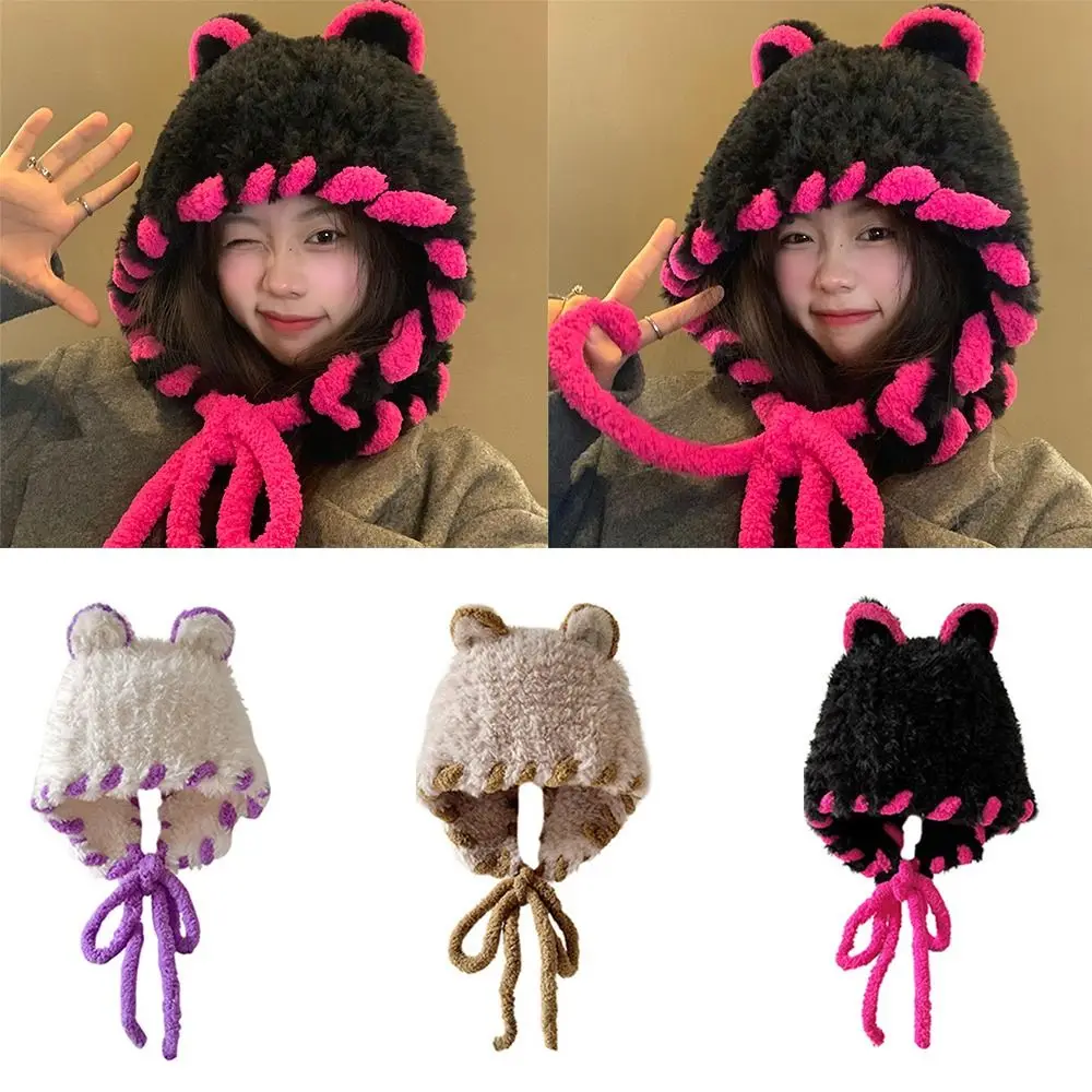 

Winter Plush Beanies Cute Bear Ear Wool Hat Warm Lace-up Ear Protection Knitted Cap Knitting Korea Women Bonnets