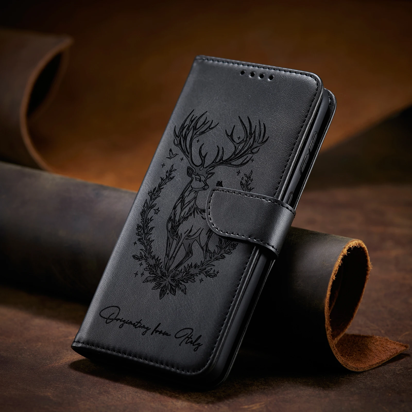 Elegant Leather Flip Case with 3D Deer Design