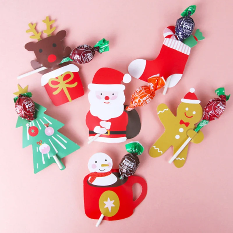 

New 12Pcs/2Set Christmas Party Candy Package Card Elk Snowman Lollipop Holder Biscuits Decoration Kids Gift Home DIY Supplies