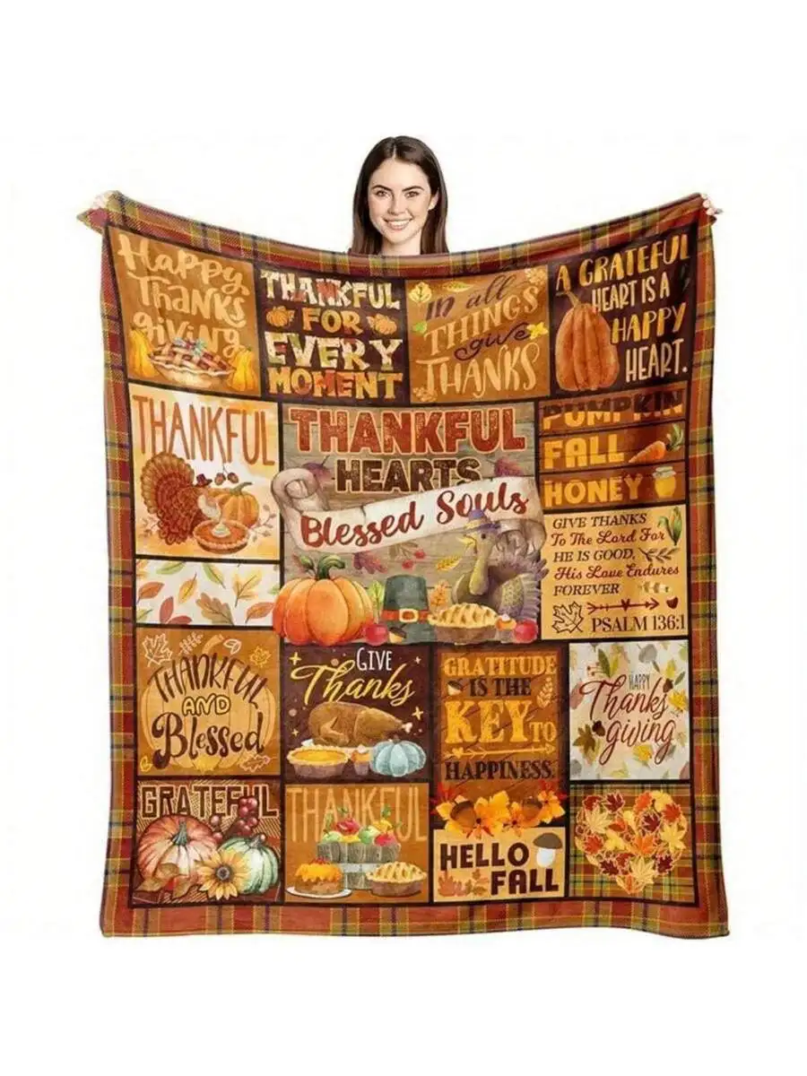 Thanksgiving Pumpkin Plaid Throw Blanket, Fall Decor with Turkey Maple Leaf Pattern, Cozy Couch Bed Sofa Blanket for Autumn