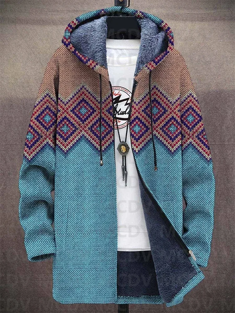 Unisex Vintage Geometry Crystal Gradient Art Casual Print Plush Thick Long-Sleeved Sweater Cardigan Coat