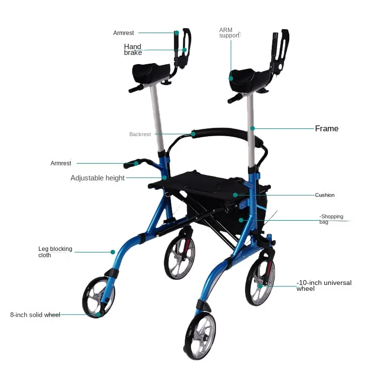 Elderly walker four-wheeled with handbrake, armrest, adjustable height, push supermarket grocery cart