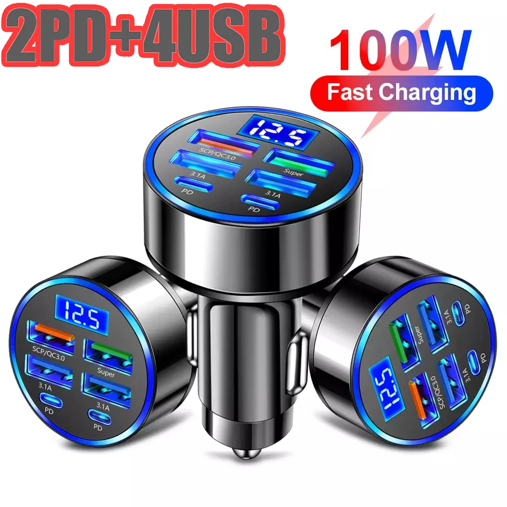 Caricabatterie da auto a 6 porte da 100W con ricarica rapida PD QC3.0 USB C, adattatore di tipo C per iPhone, Samsung, Huawei, Xiaomi