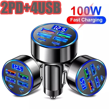 Caricabatterie da auto a 6 porte da 100W con ricarica rapida PD QC3.0 USB C, adattatore di tipo C per iPhone, Samsung, Huawei, Xiaomi