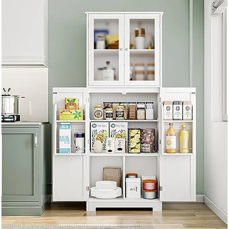 

67" Kitchen Pantry Cabinet, Tall Storage Cabinet with Glass Doors and Shelves, Modern Food Pantry Cabinet Cupboard White