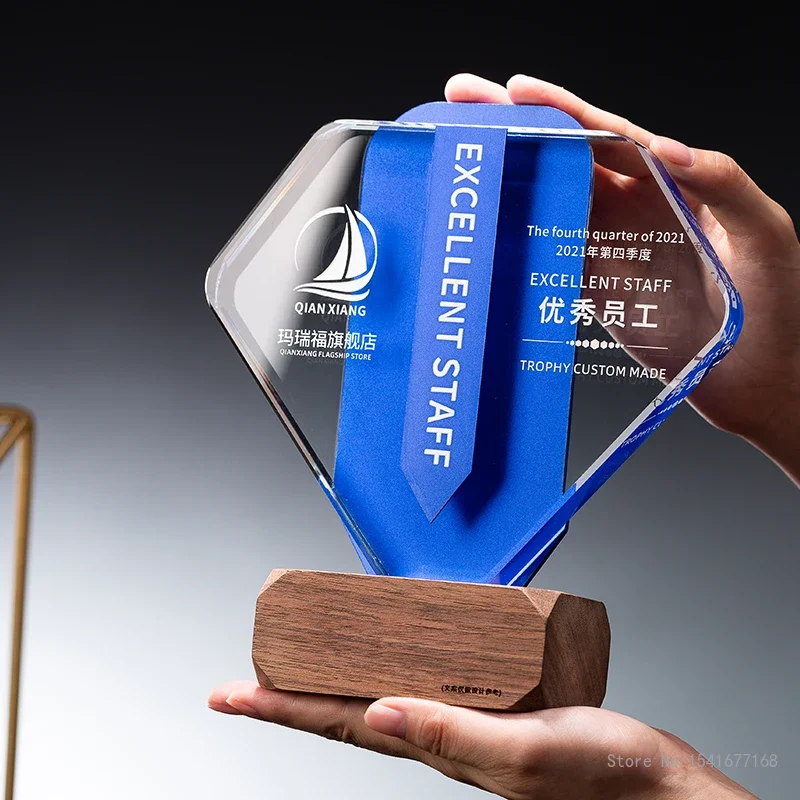 Customized Crystal Trophy, Outstanding Employee Annual Meeting Award, Commemorative Decor, High-end Wooden Base Metal Medal, 1Pc