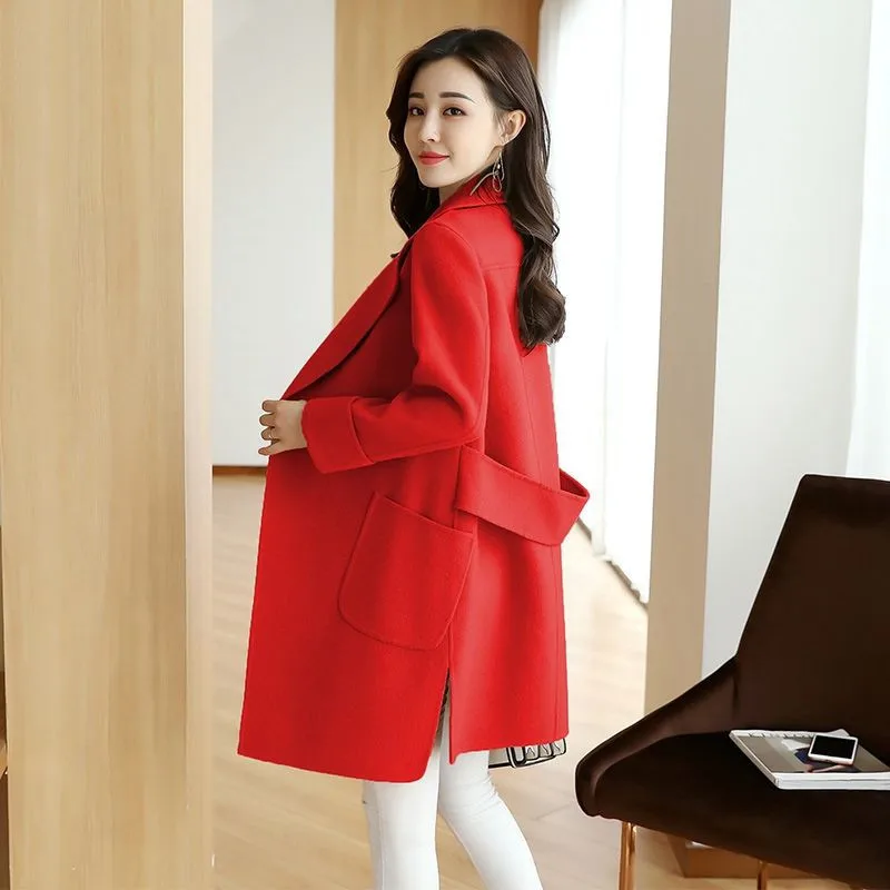 Women'S Woolen Jacket 2023 Autumn Winter Double Breasted Overcoat Plus Size Korean Long Sleeve Midi-Length Coat Loose Outwear