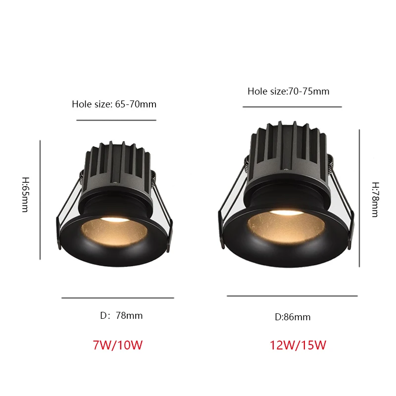 조광 가능한 오목한 LED COB 다운라이트 천장 램프, 알루미늄 스포트라이트, 가정 사무실 상점용, 7W10W12W15W, AC110V 220V
