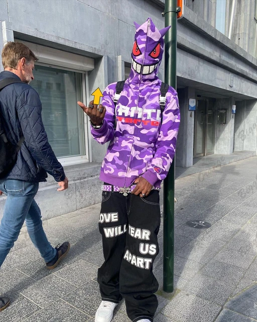 Harajuku felpa con cappuccio oversize da diavolo da uomo ricamata