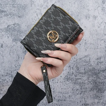 Portafoglio da donna di nuovo stile, corto, portamonete di alta gamma in PU europeo e americano, stampato, con scomparti multipli per carte, portafoglio piccolo, porta soldi.