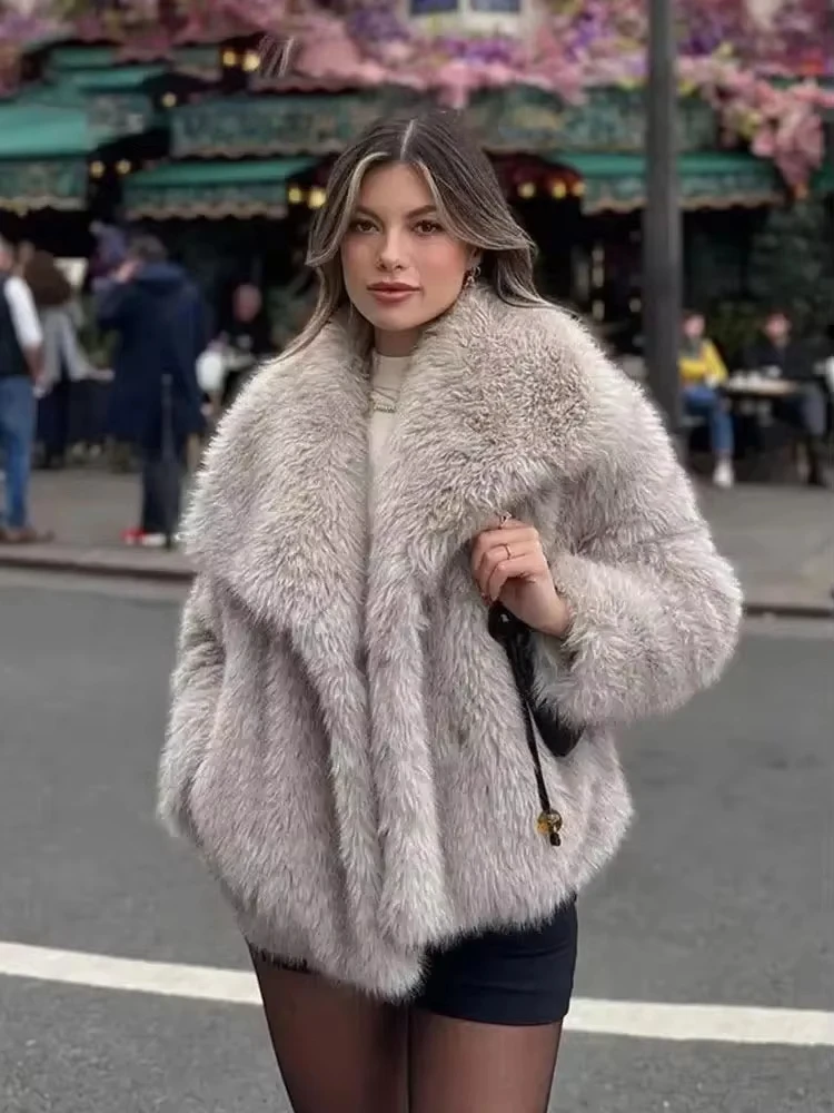 HH 2025 Autumn Women Elegant Solid Faux Fur Jackets Female Winter Thick Warm Turn-Down Collar Coats Fashion Chic Outerwear