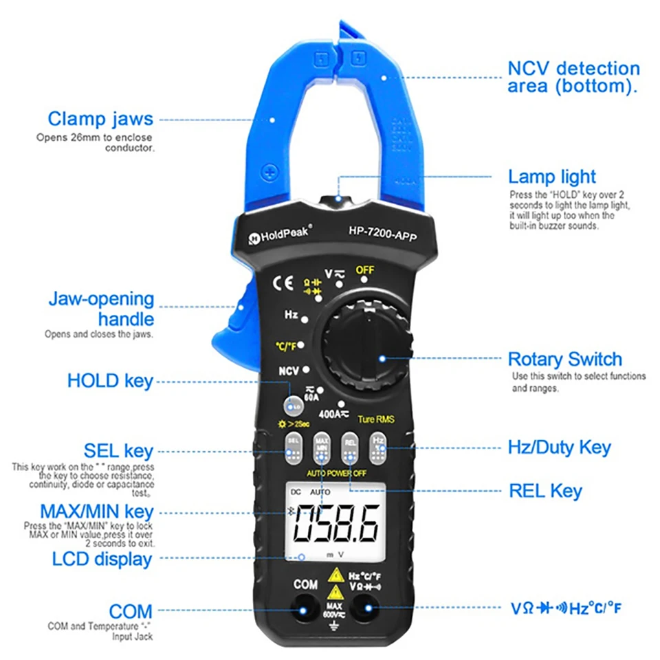 HoldPeak Wireless Bluetooth Clamp Meter HP-7200APP 6000 Count Auto Range Bluetooth MultimeterDC/AC True RMS Continuity Buzzer