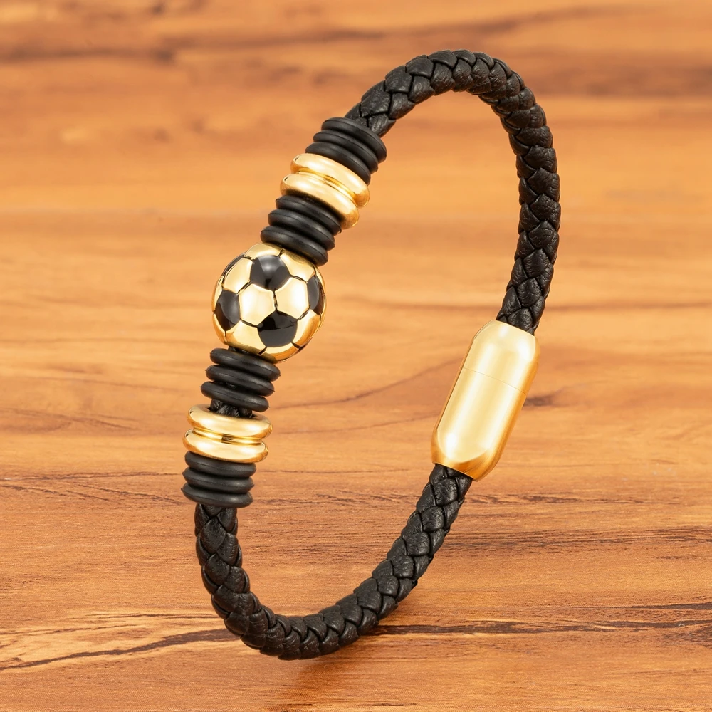 Leather Bracelet Men's Stainless Steel Button Football Accessories