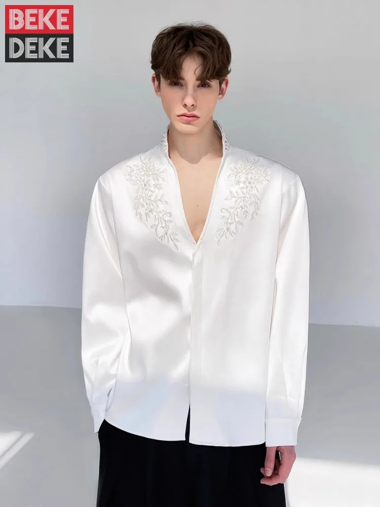 Chic Hot Sale Mens Pearls Diamonds Beads Stand Collar Shirts Pearl Flower  Designer Long Sleeves Fashion Wedding Dress Shirt Tops - AliExpress  200000343