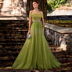 Off Shoulder Green Evening Dress Elegant Luxury Crystals Beaded Woman Clothes Ever Pretty Floor Length Prom Dresses Plus Size