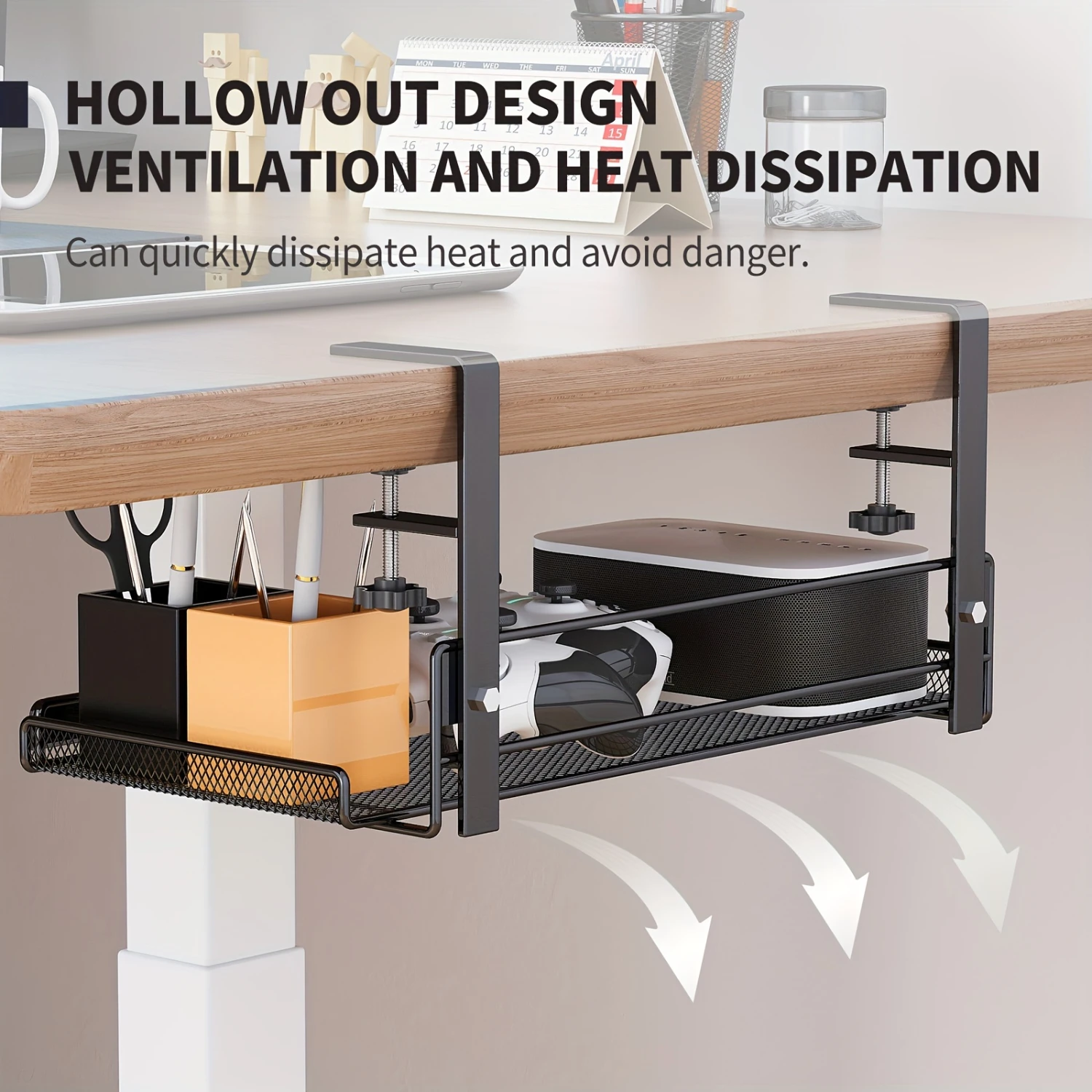 Under-Desk Cable Management Tray-No-Drill Iron Wire Organizer For Office Desks, Rectangular Shelf With Painted Finish