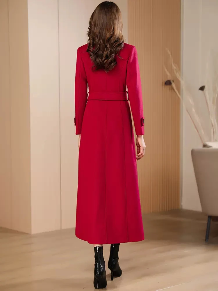 New Women Autumn Winter Red Woolen Overcoat Elegant Fashion Suit Collar Double Breasted Wool Blended Coat Simplicity Long Coat
