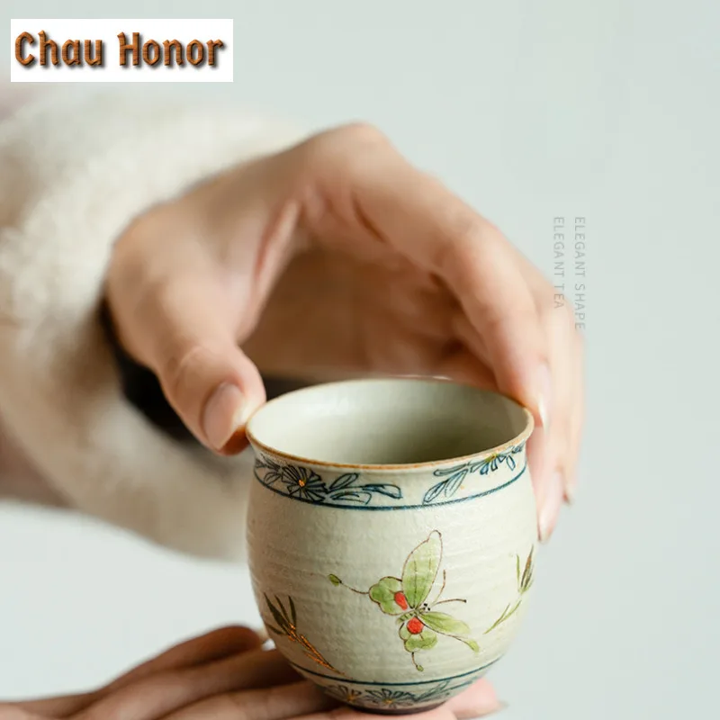 90ml High-end Blue And White Flint Red Teacup Handmade Gold Drawing Butterfly Orchid Master Cup Personal Egg Shape Coffee Mug