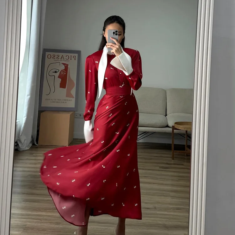 Elegant Satin Printed Long Dress Women's High Waist Patchwork Commute Slim Autumn Contrast Dress Female Maxi Dress